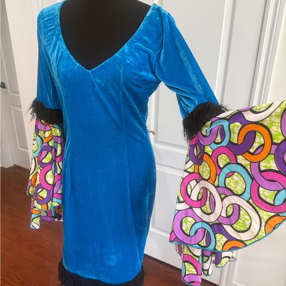 Vibrant Blue Dress with Patterned Bell Sleeves